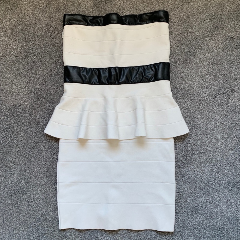 Bebe White & Black Leather Colorblock Peplum Dress